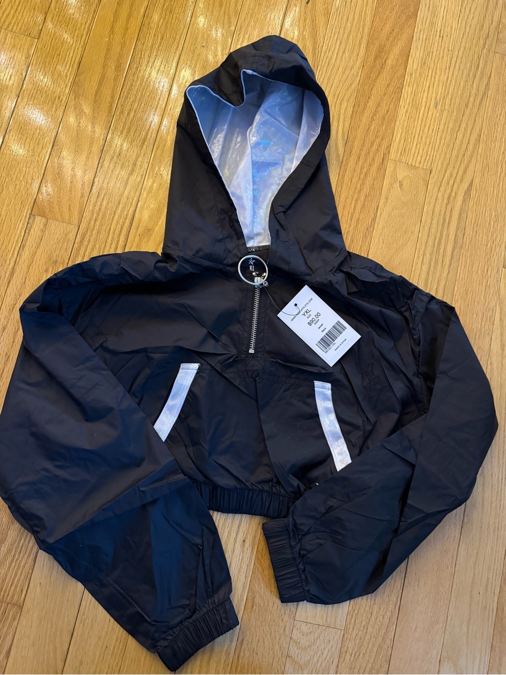 NWT Rebel Athletic Girls' YXL Black Hooded Cropped Windbreaker with Silver Trim